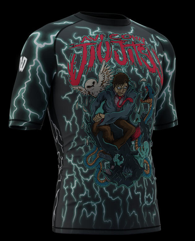 Avi Cohn Jiu Jitsu lightning-storm rashguard with snowy owl logotype