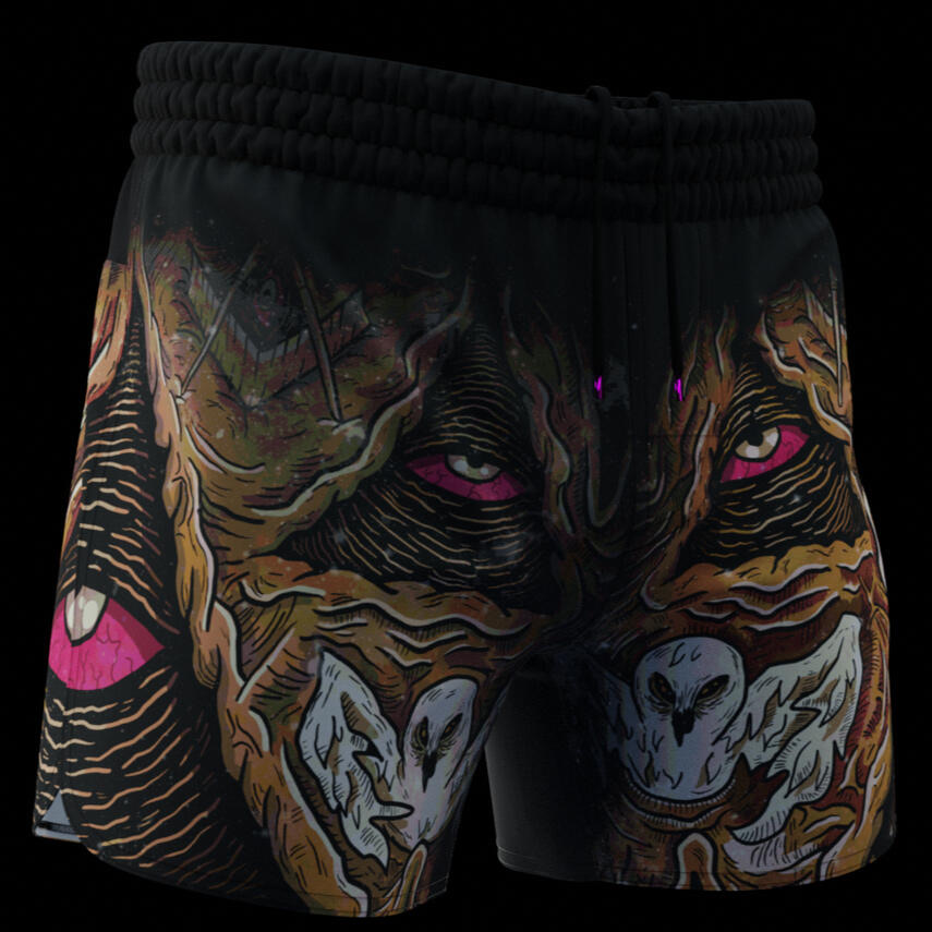 Avi Cohn Jiu Jitsu grappling shorts with wolf and owl art